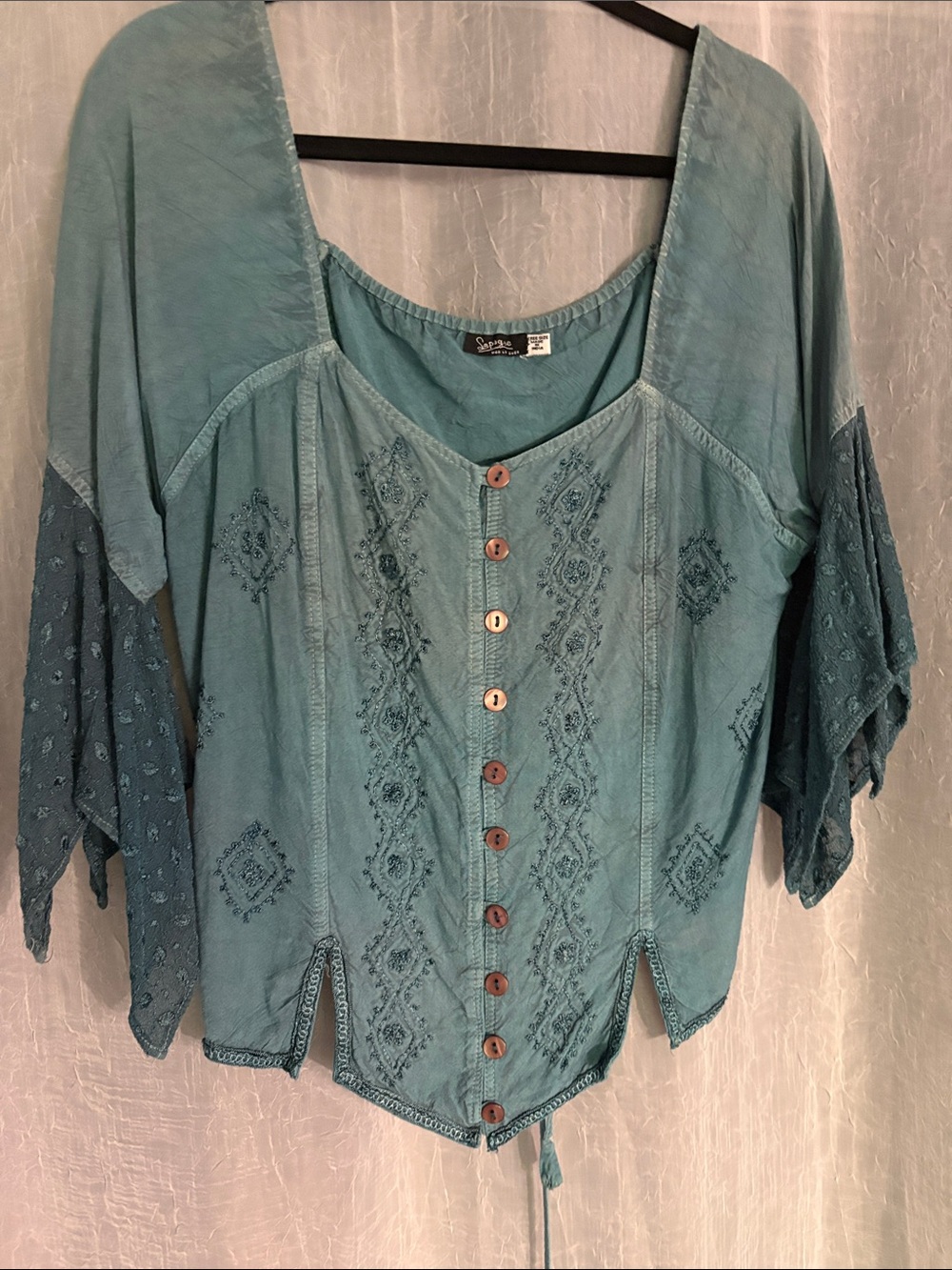 Sonoma Teal Embroidered Button-Front Boho Blouse